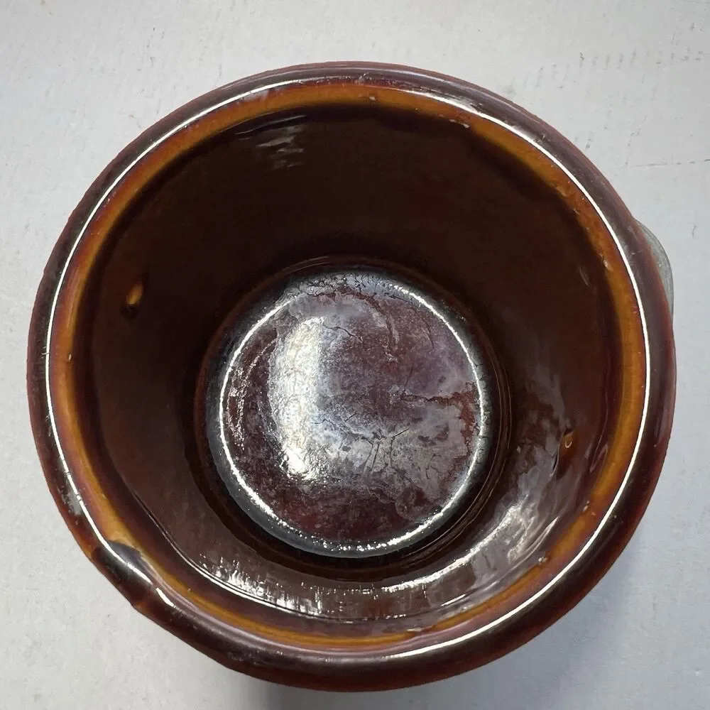 Vintage Brown Glazed Stoneware Cheese Crock Lid Locking Wire Bail Jar Flaws 5”